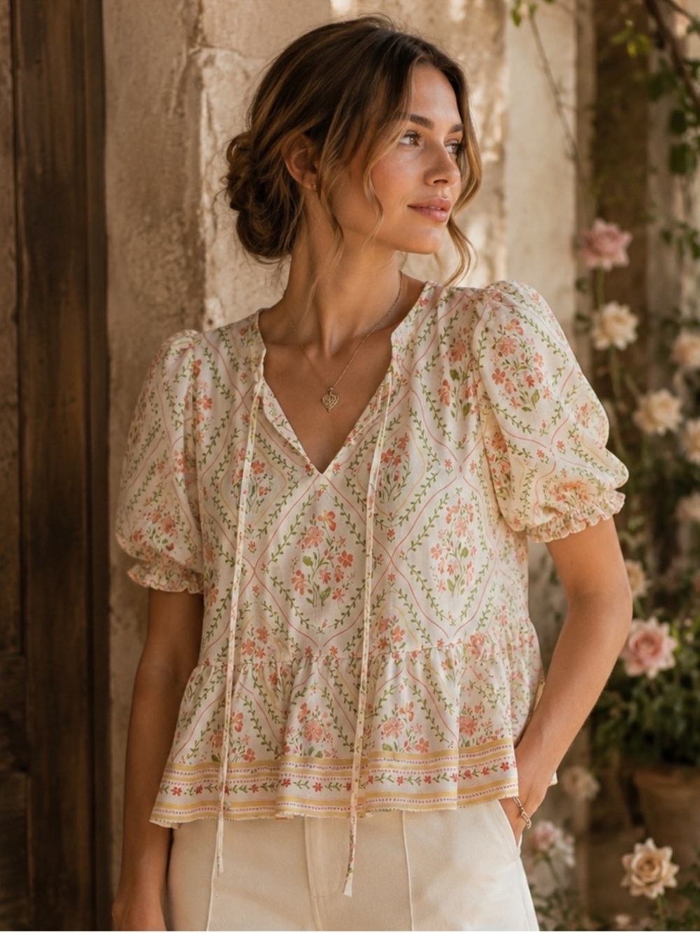 CeCe Cream, Peach, Green Floral V-Neck Puff Sleeve Peasant Blouse